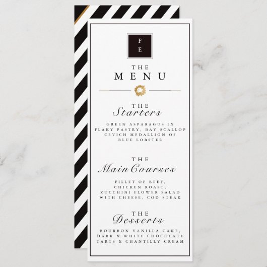 エレガント白黒と金ゴールドストライプのメ結婚ニュー メニュー (正面/裏面)