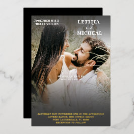 エレガント白黒と金ゴールドフォト結婚のフォイルInv 箔招待状