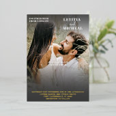 エレガント白黒と金ゴールドフォト結婚のフォイルInv 箔招待状 (立ち正面)