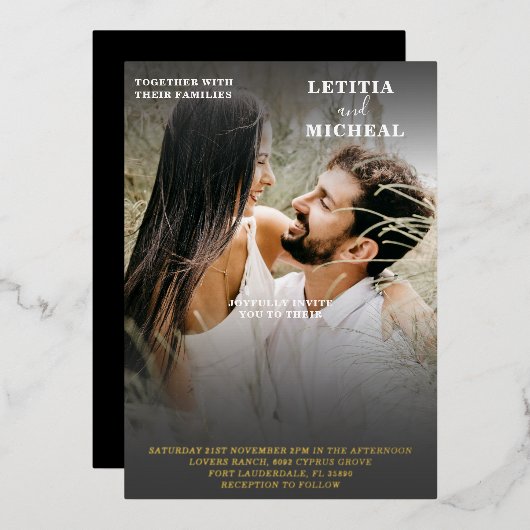 エレガント白黒と金ゴールドフォト結婚のフォイルInv 箔招待状 (正面/裏面)