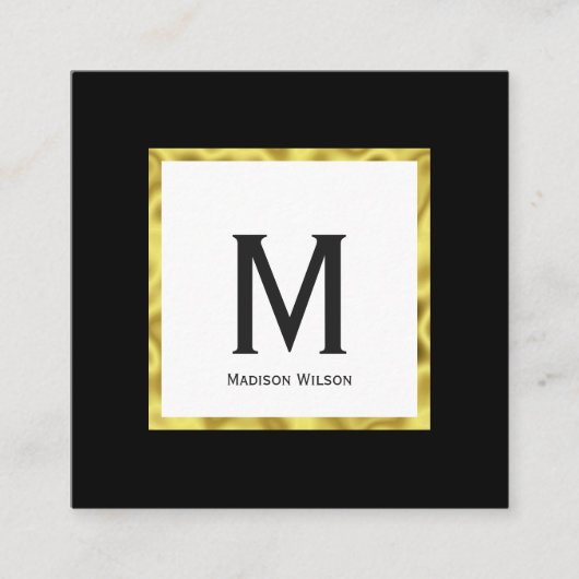 エレガント白黒と金ゴールド名モノグラム スクエア名刺 (正面)
