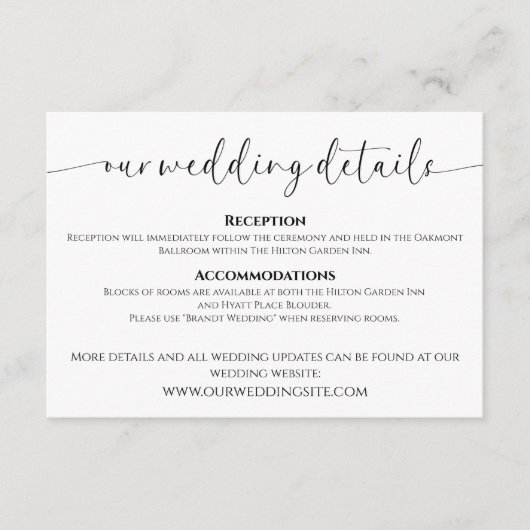 エレガント白黒のスクリプ結婚ト詳細 エンクロージャーカード (正面)