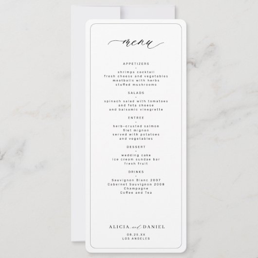 エレガント白黒の印刷可結婚能メニュー 招待状 (正面)