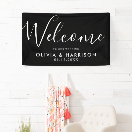 エレガント白黒の結婚ウェルカムサインバナー 横断幕 (インサイチュ)