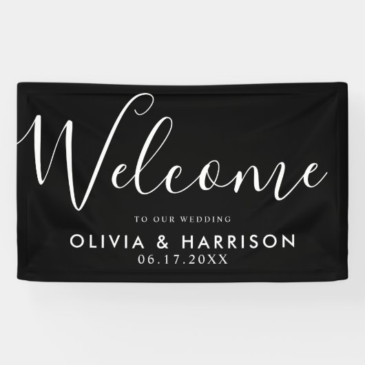 エレガント白黒の結婚ウェルカムサインバナー 横断幕 (横)