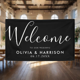 エレガント白黒の結婚ウェルカムサインバナー 横断幕