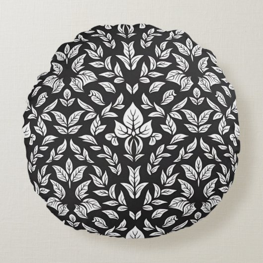 エレガント白黒の葉柄 ラウンドクッション (正面)