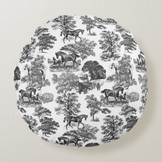 エレガント白黒ウマ素朴ントワール ラウンドクッション (正面)