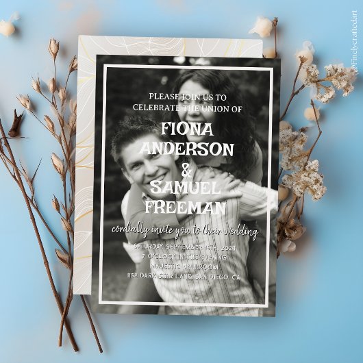 エレガント白黒カスタム写結婚真 招待状