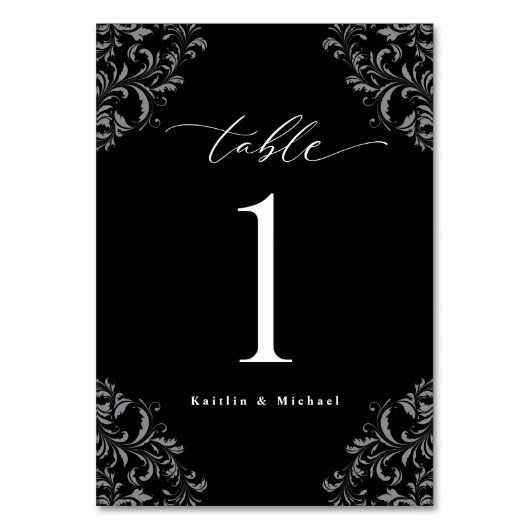 エレガント白黒クラシックヴィンテージ結婚スモール テーブルナンバー (正面)