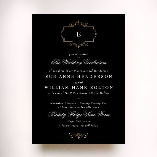 エレガント白黒クラシック金ゴールドモノグラ結婚ムの 招待状