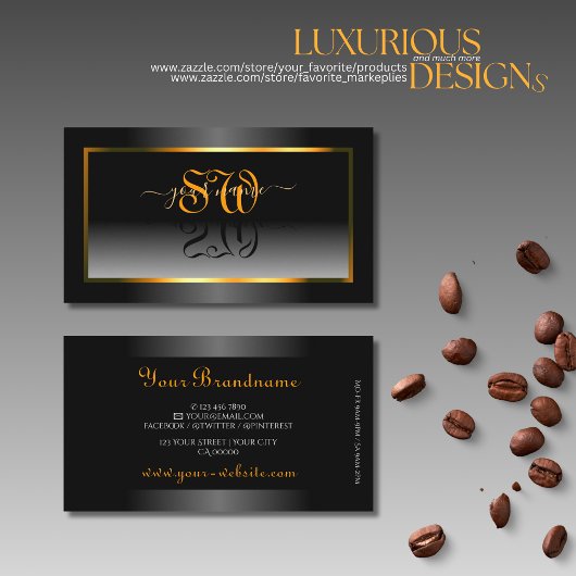 エレガント白黒グラデーションのオレンジ色のフレームイニシャル 名刺