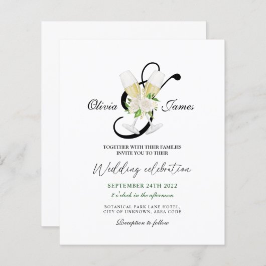 エレガント白黒シャンパン結婚式招待状 (正面/裏面)