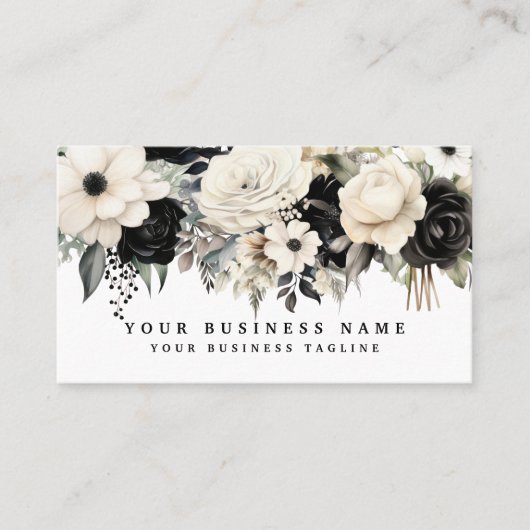 エレガント白黒シルバーフラワーズビジネスカード 名刺 (正面)
