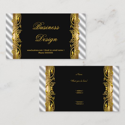 エレガント白黒シルバー金ゴールドフローラリップル 名刺 (正面/裏面)