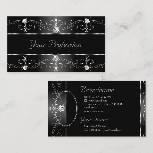 エレガント白黒シルバ華美縁どーアドへ 名刺 (正面/裏面)