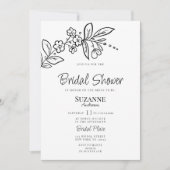 エレガント白黒シンプルフローラブライダルシャワー 招待状 (正面)