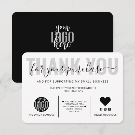 エレガント白黒スクリプトのロゴカスタマーに感謝 サンキューカード (正面/裏面)