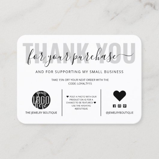 エレガント白黒スクリプトのロゴカスタマーに感謝 名刺 (正面)