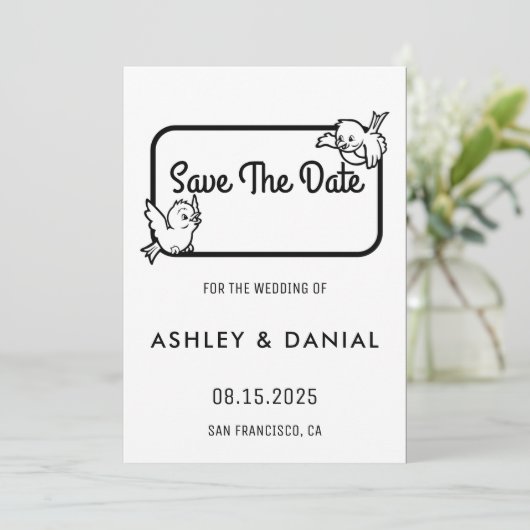 エレガント白黒スクリプト結婚式I日付を保存 招待状 (スタンド正面)