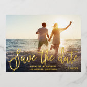 エレガント白黒スクリプト2写真の保存日付 箔招待状ポストカード (正面)