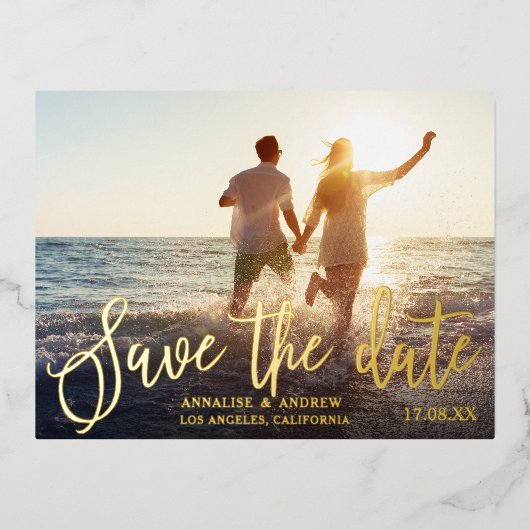 エレガント白黒スクリプト2写真の保存日付 箔招待状ポストカード (正面)