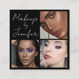 エレガント白黒スクリプト3フォトメイクアップ スクエア名刺