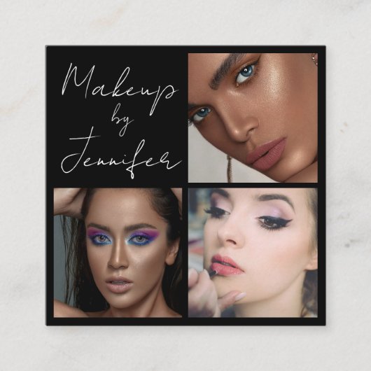 エレガント白黒スクリプト3フォトメイクアップ スクエア名刺 (正面)