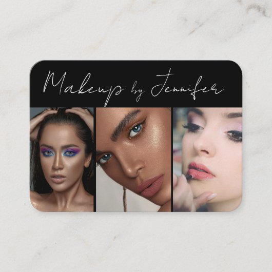 エレガント白黒スクリプト3フォトメイクアップ 名刺 (正面)