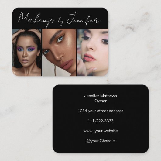 エレガント白黒スクリプト3フォトメイクアップ 名刺 (正面/裏面)