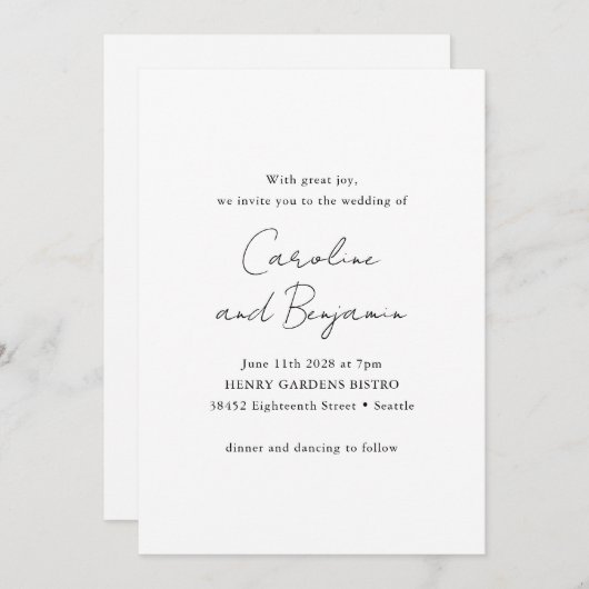 エレガント白黒スクリプ結婚トの 招待状 (正面/裏面)