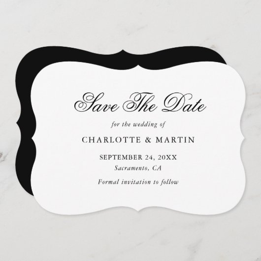 エレガント白黒スクリプ結婚ト セーブザデート (正面/裏面)