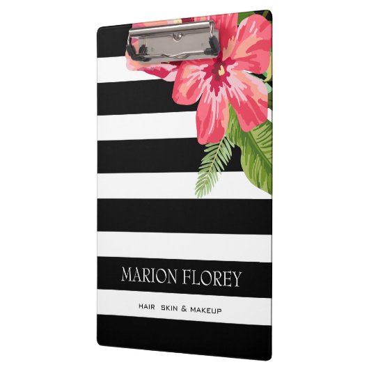 エレガント白黒ストライプにエキゾチックな花 クリップボード (左)