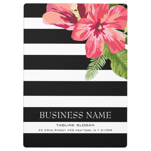 エレガント白黒ストライプにエキゾチックな花 クリップボード (裏面)