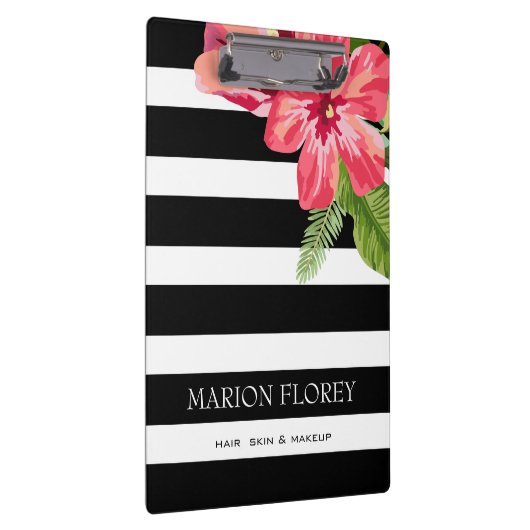 エレガント白黒ストライプにエキゾチックな花 クリップボード (右)