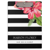 エレガント白黒ストライプにエキゾチックな花 クリップボード (正面)