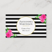 エレガント白黒ストライプのピンクウォーター色フローラ 名刺 (正面)