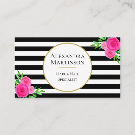 エレガント白黒ストライプのピンクウォーター色フローラ 名刺 (正面)