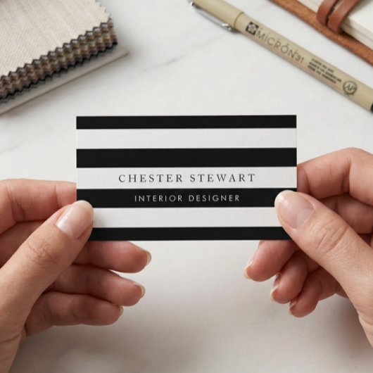 エレガント白黒ストライプの-シンプルミニマル 名刺