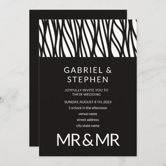 エレガント白黒ストライプタイポグラフィゲイ結婚の 招待状 (正面/裏面)