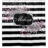 エレガント白黒ストライプダイヤモンドピンクのスパークルズ シャワーカーテン (正面)
