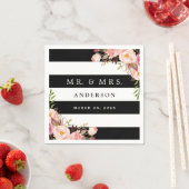 エレガント白黒ストライプピンクフローラ結婚ズ スタンダードカクテルナプキン (インサイチュ)