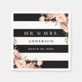 エレガント白黒ストライプピンクフローラ結婚ズ スタンダードカクテルナプキン (正面)