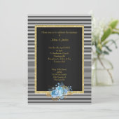 エレガント白黒ストライプブルーブーケ結婚ーズ 招待状 (スタンド正面)