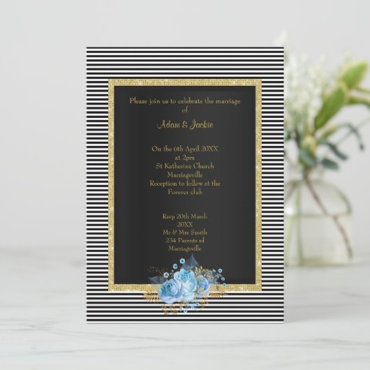 エレガント白黒ストライプブルーブーケ結婚ーズ 招待状 (スタンド正面)