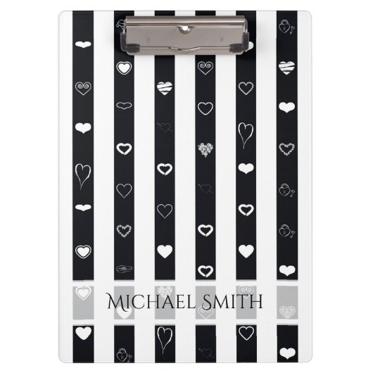 エレガント白黒ストライプモダンハート クリップボード (正面)