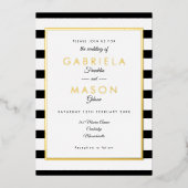 エレガント白黒ストライプ結婚金ゴールド  箔招待状 (正面)