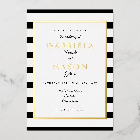 エレガント白黒ストライプ結婚金ゴールド  箔招待状 (正面)