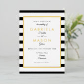 エレガント白黒ストライプ結婚金ゴールド  箔招待状 (立ち正面)