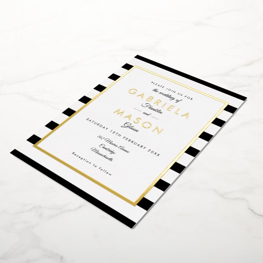 エレガント白黒ストライプ結婚金ゴールド  箔招待状 (回転した状態)